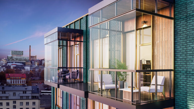 High-detail 3D architectural rendering of an apartment building focusing on glass balconies, material textures, and a realistic city background.