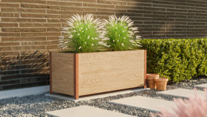 High-detail product CGI visualizing a wooden flower planter with realistic wood textures, vibrant greenery, and natural outdoor lighting.