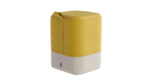 Photorealistic 3D visualization of a yellow and white office ottoman highlighting detailed textile fabric texture and surface quality, created by Nordic Render.