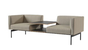 Photorealistic furniture 3D visualization of beige office seating with two connected sofa chairs and an integrated table between them, created by Nordic Render.