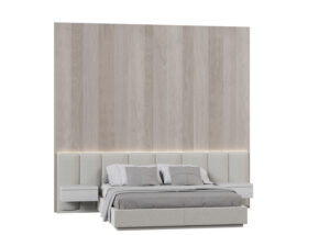 Photorealistic furniture visualization of a light beige bed with backwall element, detailed bed linen and pillows, created by Nordic Render.