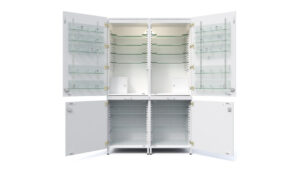 Photorealistic furniture 3D visualization of a cupboard with open doors, revealing glass sections and detailed materials, created by Nordic Render.