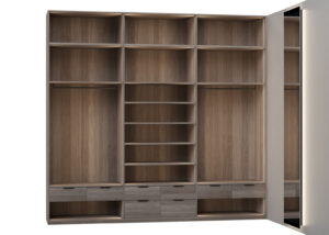 Photorealistic 3D visualization of an L-shaped wardrobe with drawers and compartment sections for clothing storage, created by Nordic Render.