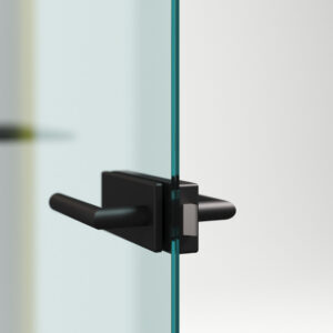 Photorealistic furniture visualization showing detailed bathroom door handle on a glass door, highlighting material quality and precision, created by Nordic Render.