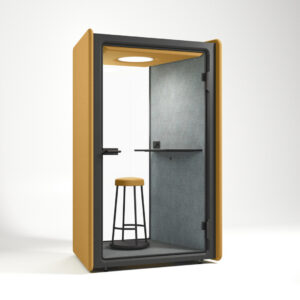 Photorealistic 3D visualization of a single-seat office pod designed for focused work and privacy, created by Nordic Render.