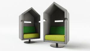 Photorealistic 3D visualization of a turnable office seat with integrated privacy walls, designed for focused workspaces, created by Nordic Render.