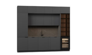 Photorealistic 3D visualization of a gray kitchen furniture set with cupboards, sink, and integrated wine fridge, created by Nordic Render.