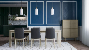 Photorealistic 3D interior visualization of a dining room with table and chairs, with the kitchen visible in the background, created by Nordic Render.