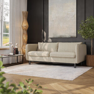 3D visualization of a beige sofa bed with detailed textile texture.