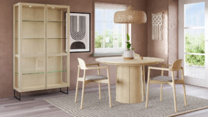 High-quality 3D interior visualization showcasing a country-style dining table, wooden furniture, and glass-front cupboard in natural colors.