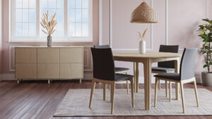 Photorealistic 3D interior design visualization featuring a wooden table with four chairs, detailed carpet texture, cupboard storage, and window lighting, created by Nordic Render.