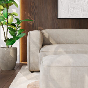 Photorealistic 3D visualization of a beige sofa highlighting detailed textile fabric, surface texture, and upholstery quality, created by Nordic Render.