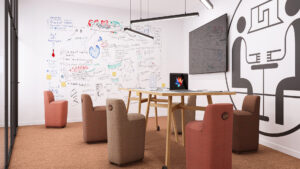 Photorealistic furniture visualization of modern office pouf seating, highlighting detailed textile upholstery, wood materials, realistic lighting, and a refined interior setting.