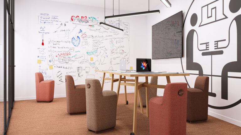 Photorealistic furniture visualization of modern office pouf seating, highlighting detailed textile upholstery, wood materials, realistic lighting, and a refined interior setting.