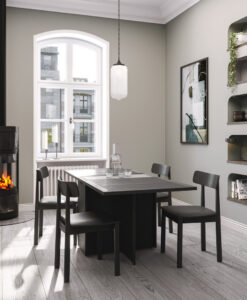 High-quality 3D interior visualization showing an apartment dining area connected to the kitchen, with fireplace detail and urban city view through the window.