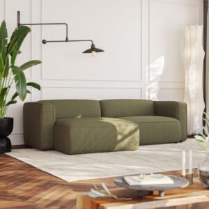 High-quality 3D furniture visualization showcasing a olive green sofa with natural colors and a built-in food holder element.