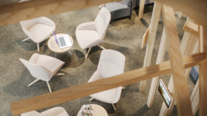 High-quality 3D interior visualization showing a second-floor perspective onto beige seating below, highlighting natural materials and texture detail.