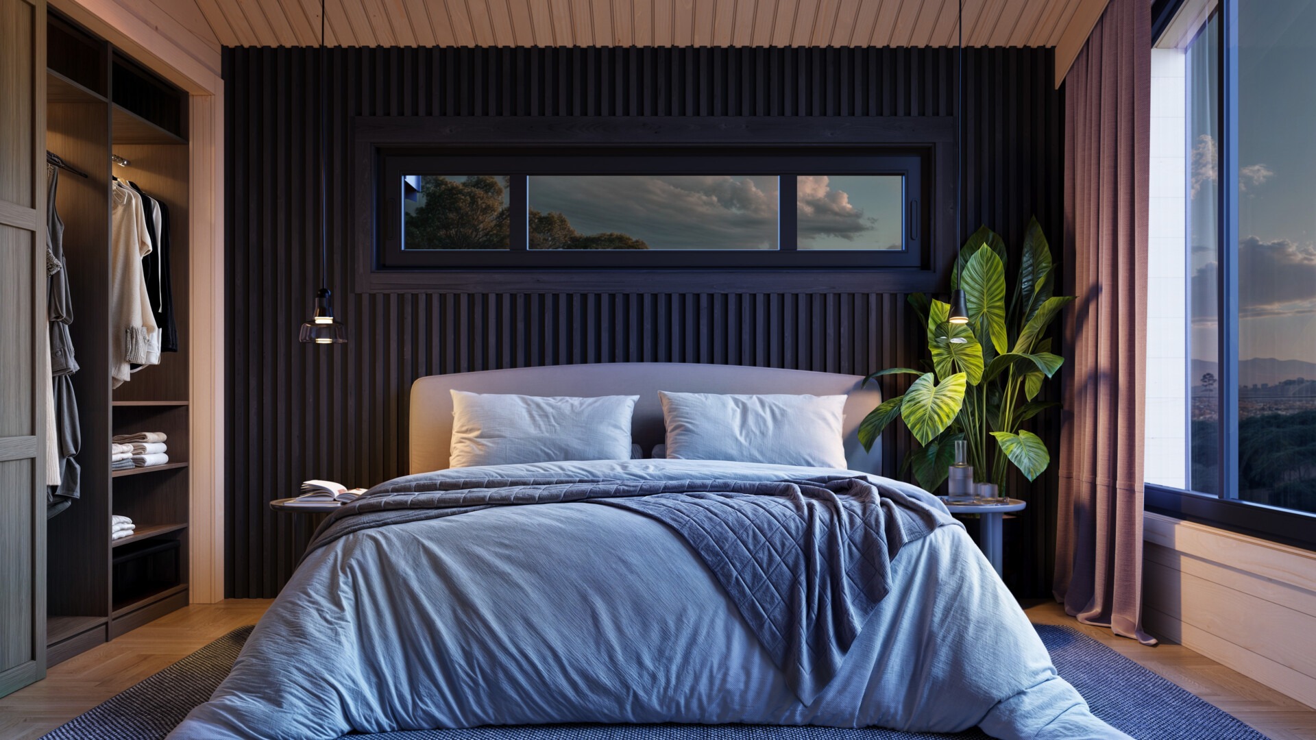 High-quality 3D visualization of a bedroom with realistic textiles, comfortable bedding, and natural interior elements.