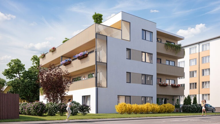 High-quality 3D visualization showing a contemporary apartment building with green balconies, pedestrians at street level, and urban context.