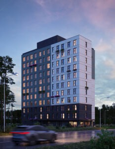 Alt text: High-quality 3D visualization showcasing Nordic Render’s professional visualization capabilities, illustrated through a modern apartment skyscraper in evening light.