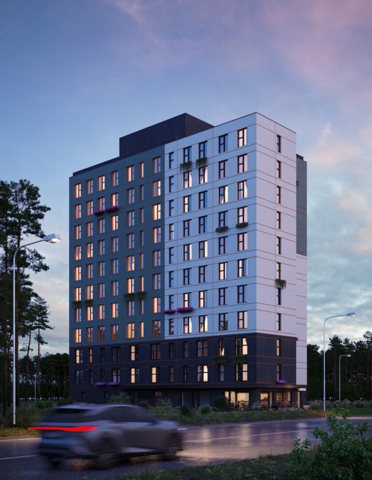 Alt text: High-quality 3D visualization showcasing Nordic Render’s professional visualization capabilities, illustrated through a modern apartment skyscraper in evening light.
