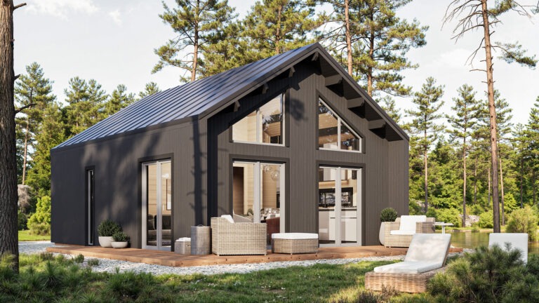 Photorealistic 3D exterior visualization of a wooden single-family house with outdoor seating area and light forest background, created by Nordic Render.