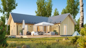 Photorealistic 3D visualization of a Nordic-style wooden single-family home with terrace seating in a summer setting, surrounded by trees, created by Nordic Render.