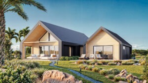 Photorealistic 3D visualization of two wooden single-family homes in warm daylight, featuring outdoor seating areas and palm trees, created by Nordic Render.