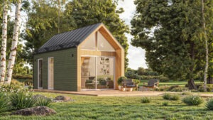 Photorealistic 3D visualization of a single-family home with detailed living room interior visible through large glass windows, outdoor seating area, and surrounding trees, created by Nordic Render.