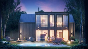 Photorealistic 3D visualization of a single-family home in serene evening light with outdoor seating area and pool, creating a calm, atmospheric scene, created by Nordic Render.