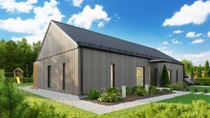 High-quality 3D architectural visualization showing a family home with landscaped flower beds and a dedicated outdoor play area.