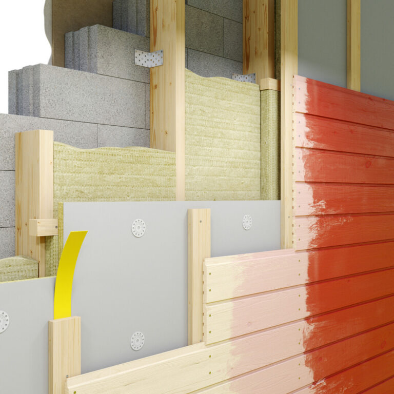 3D animation still showing a wall cutaway with multiple construction and insulation layers, illustrating how the wall is assembled, created by Nordic Render.