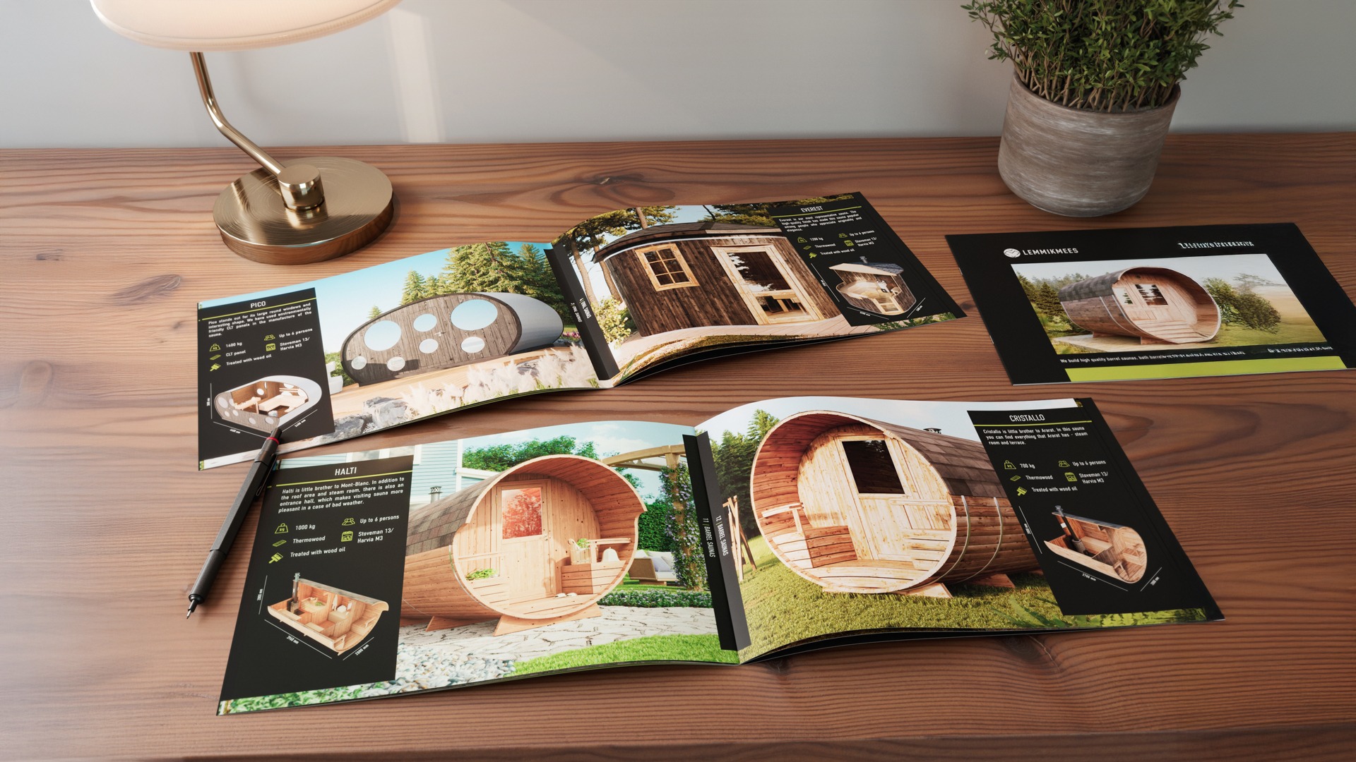 Graphic design layout showing open catalogue pages with sauna 3D visuals, created by Nordic Render.