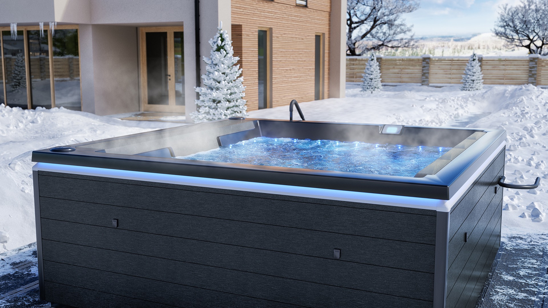 High-quality 3D visualization showing a steaming outdoor pool in a winter landscape with snow-covered trees and cold-weather atmosphere.