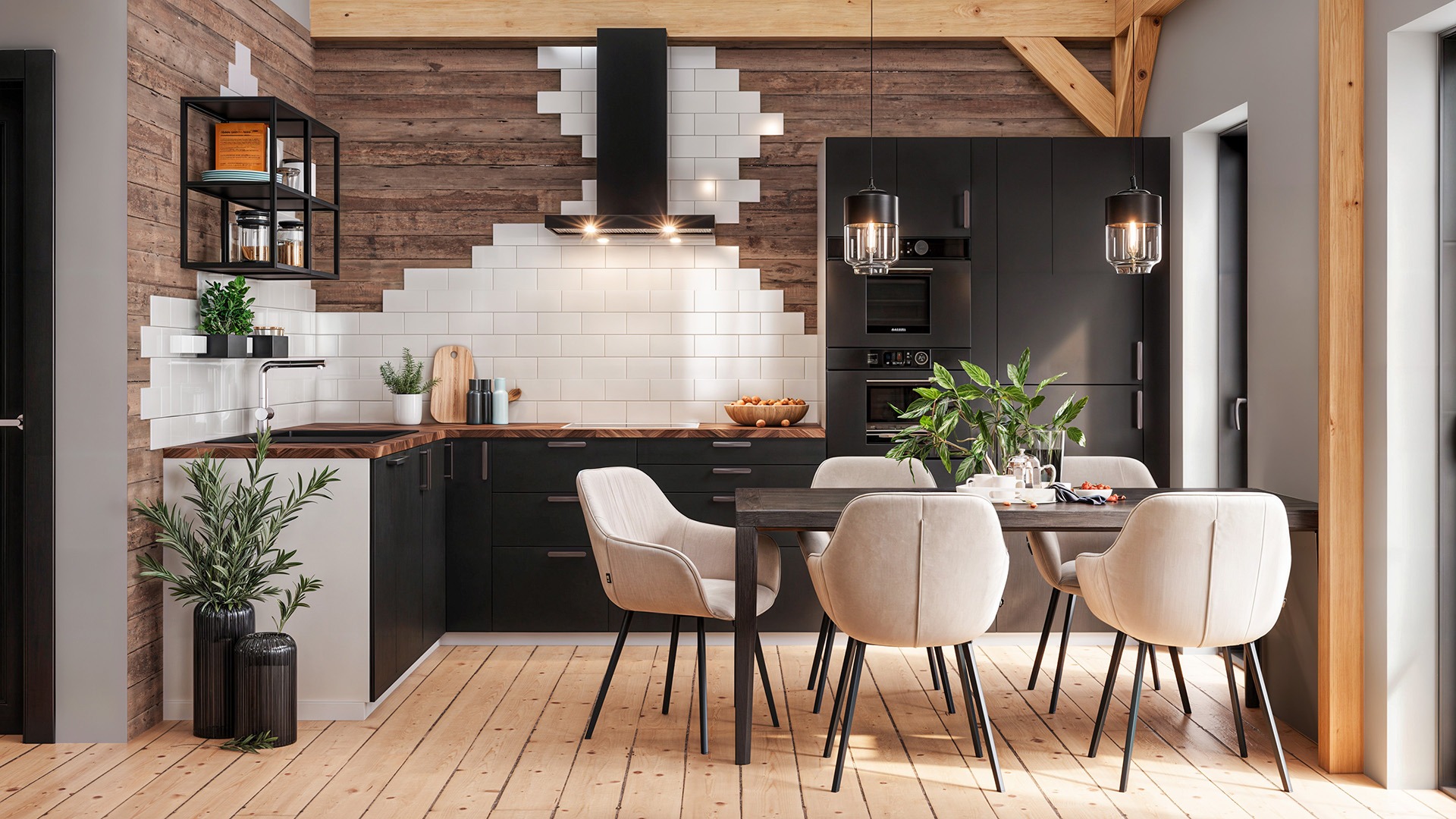 High-quality 3D visualization of a Scandinavian-style living room with seating area, kitchen surfaces, and natural interior materials.