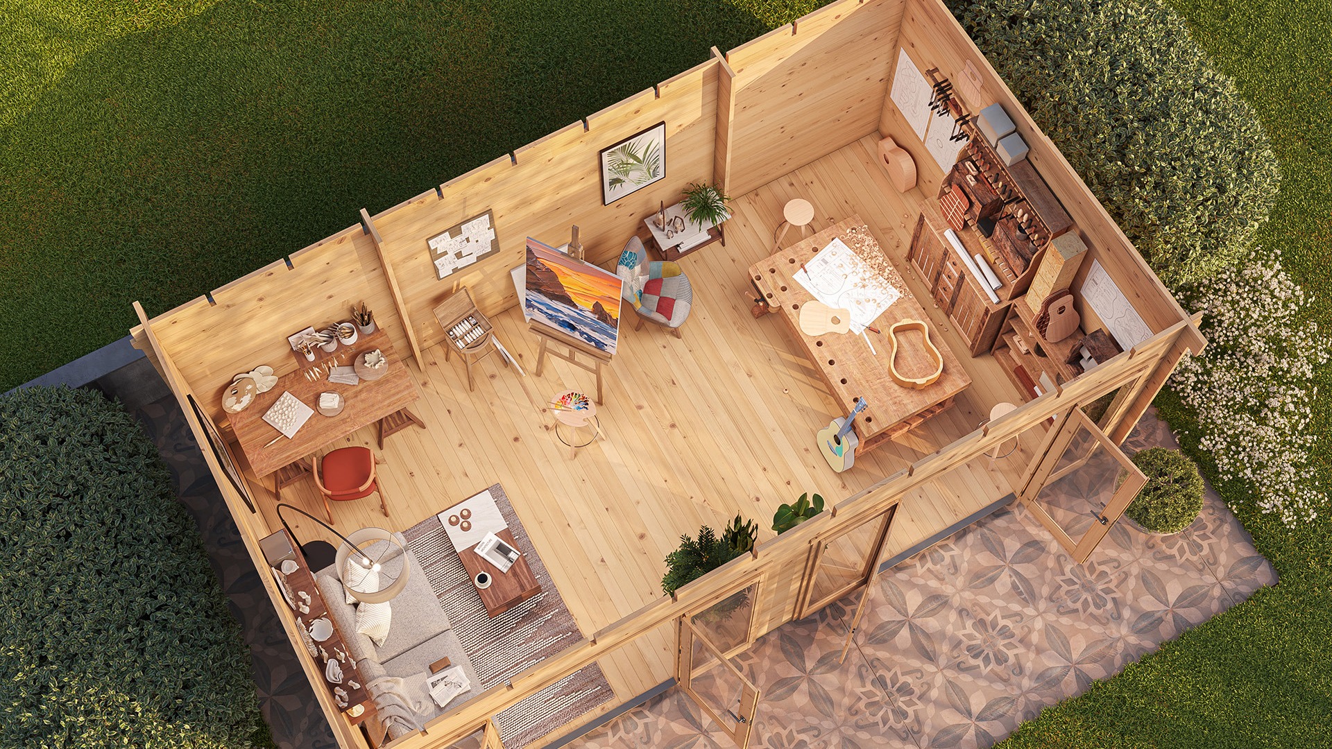 High-quality 3D visualization showing a cut-out view of a small wooden structure arranged as an artist’s studio, with detailed furniture and interior elements.
