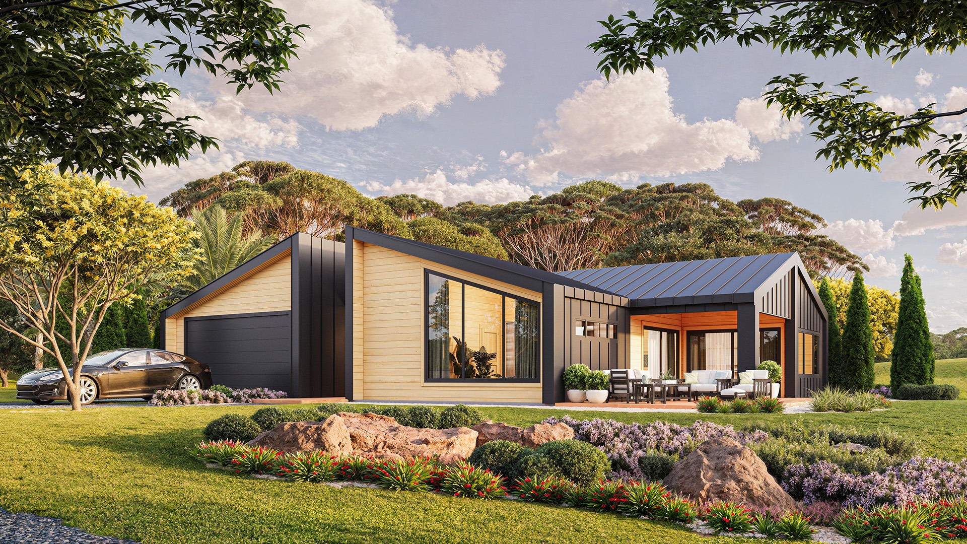 High-quality 3D visualization showing a compact wooden house set in a lush garden with vivid colors and natural landscaping.