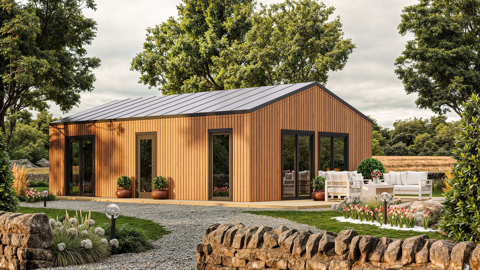 Professional 3D visualization of a compact wooden house with natural materials, garden details, and outdoor context.