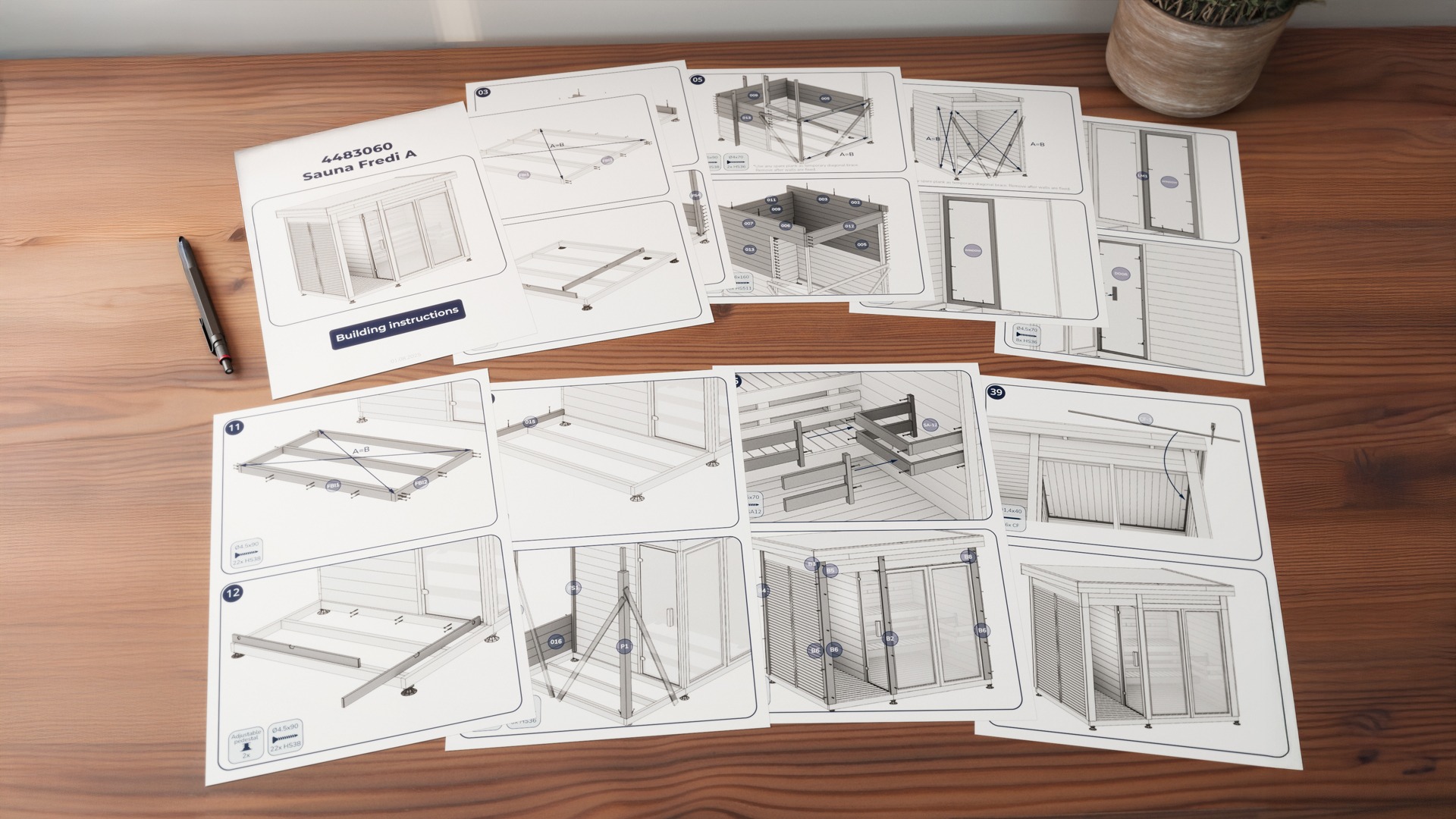Professional assembly manual layout featuring 3D visuals that explain the wooden structure installation process step by step.