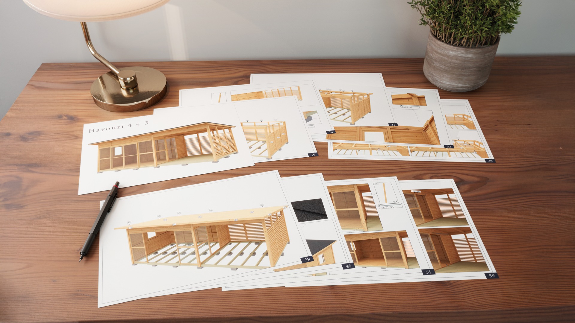 Several catalogue pages presenting step-by-step wooden structure assembly instructions with detailed 3D visuals, showcasing Nordic Render’s professional graphic design services.