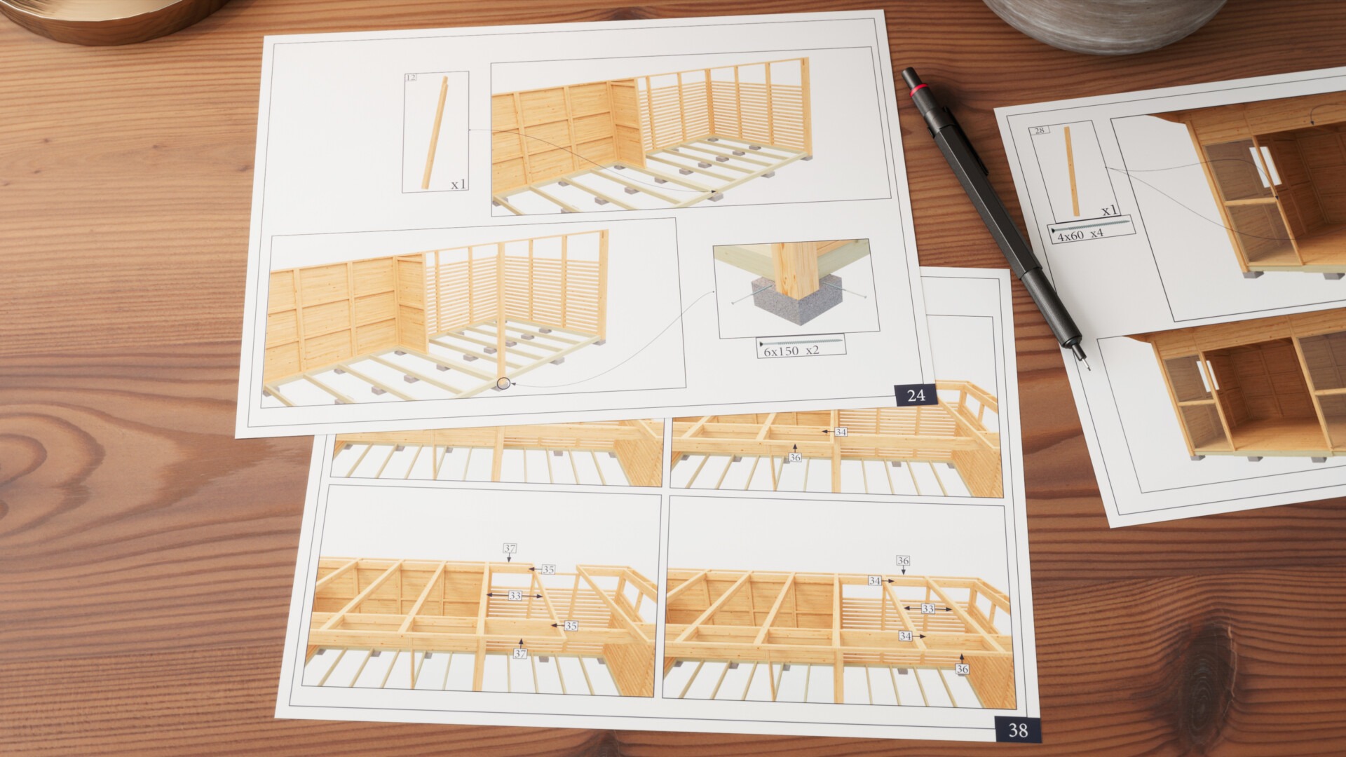 3D step-by-step assembly guide for a wooden structure by Nordic Render