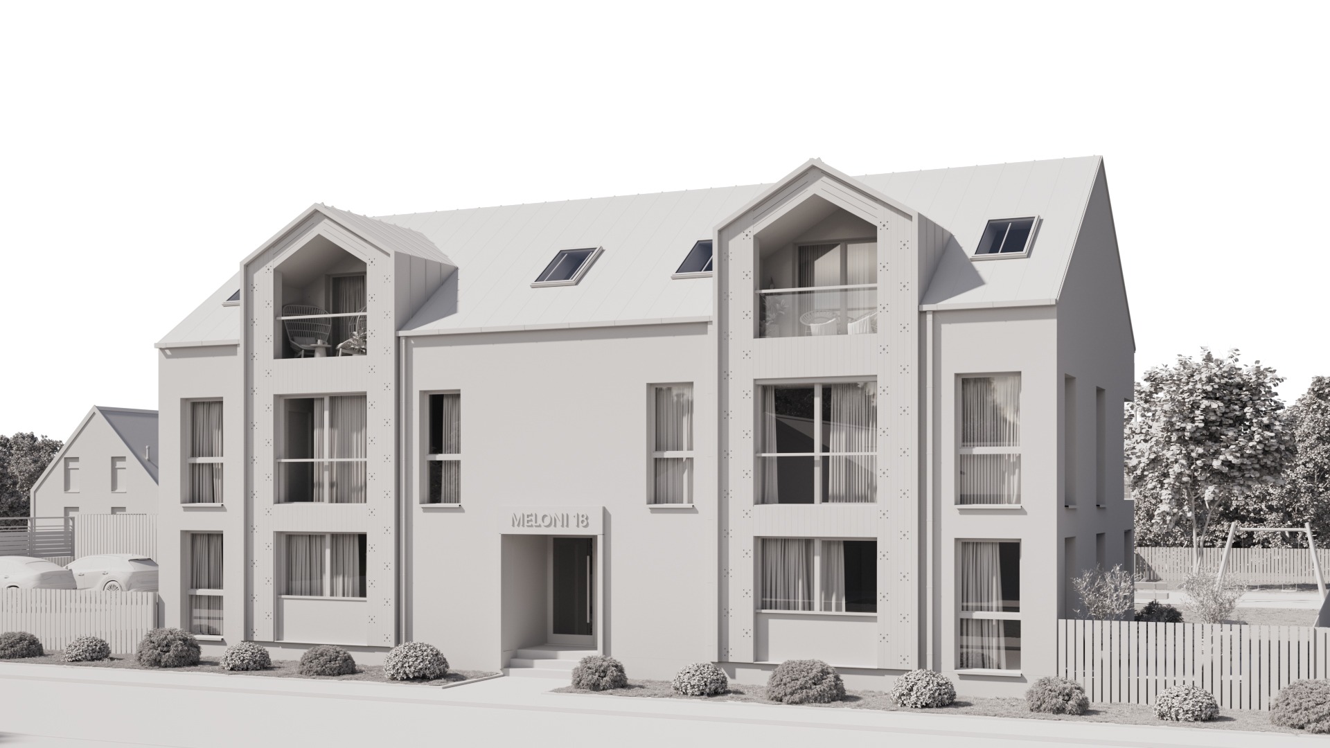 3D model of a two-storey apartment building with surrounding playground, trees, bushes, and parked cars, showcasing detailed architectural site modeling.