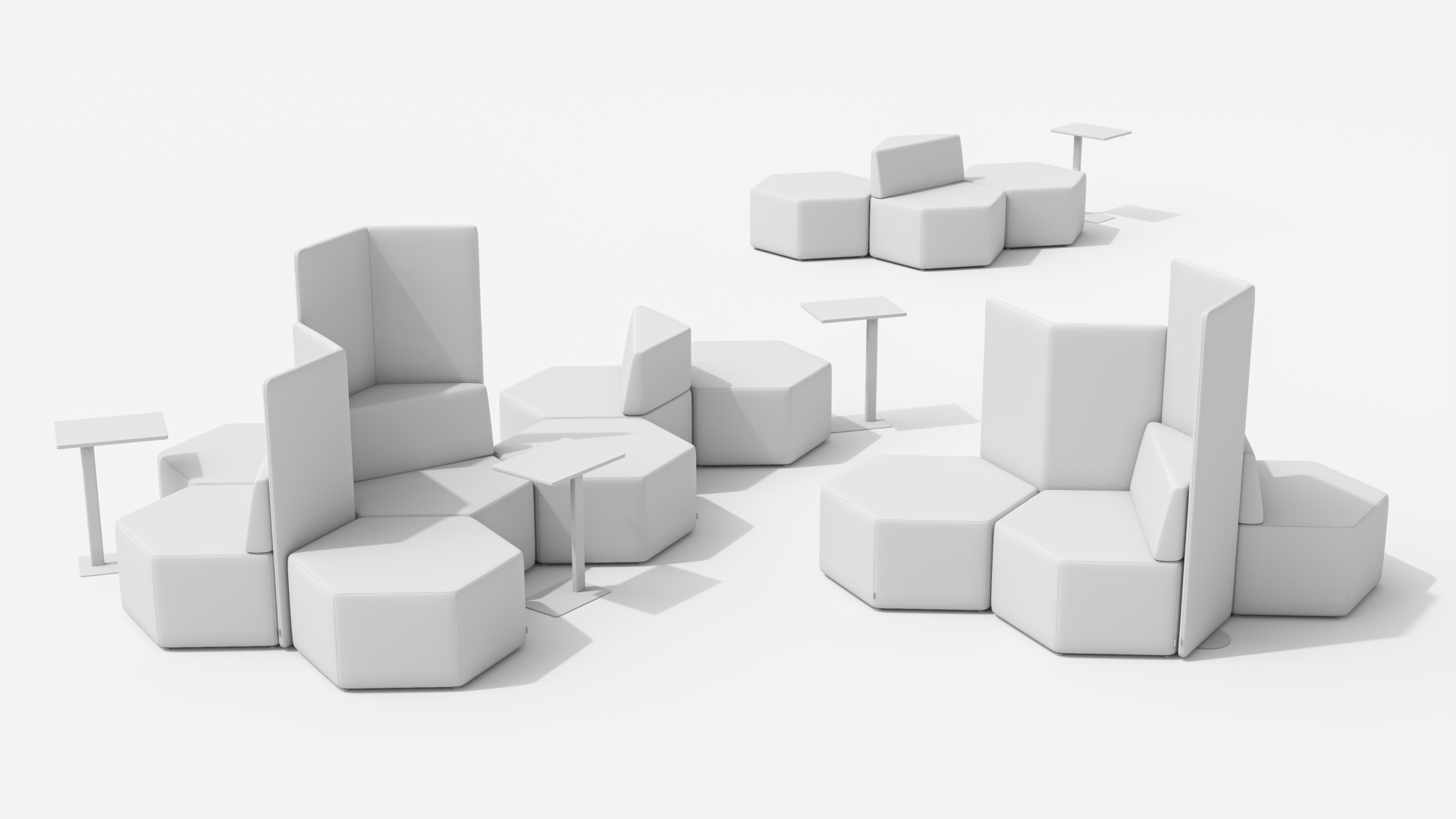 3D models of modular office seating and ottoman units with integrated separators, showcasing Nordic Render’s professional 3D modeling capabilities.