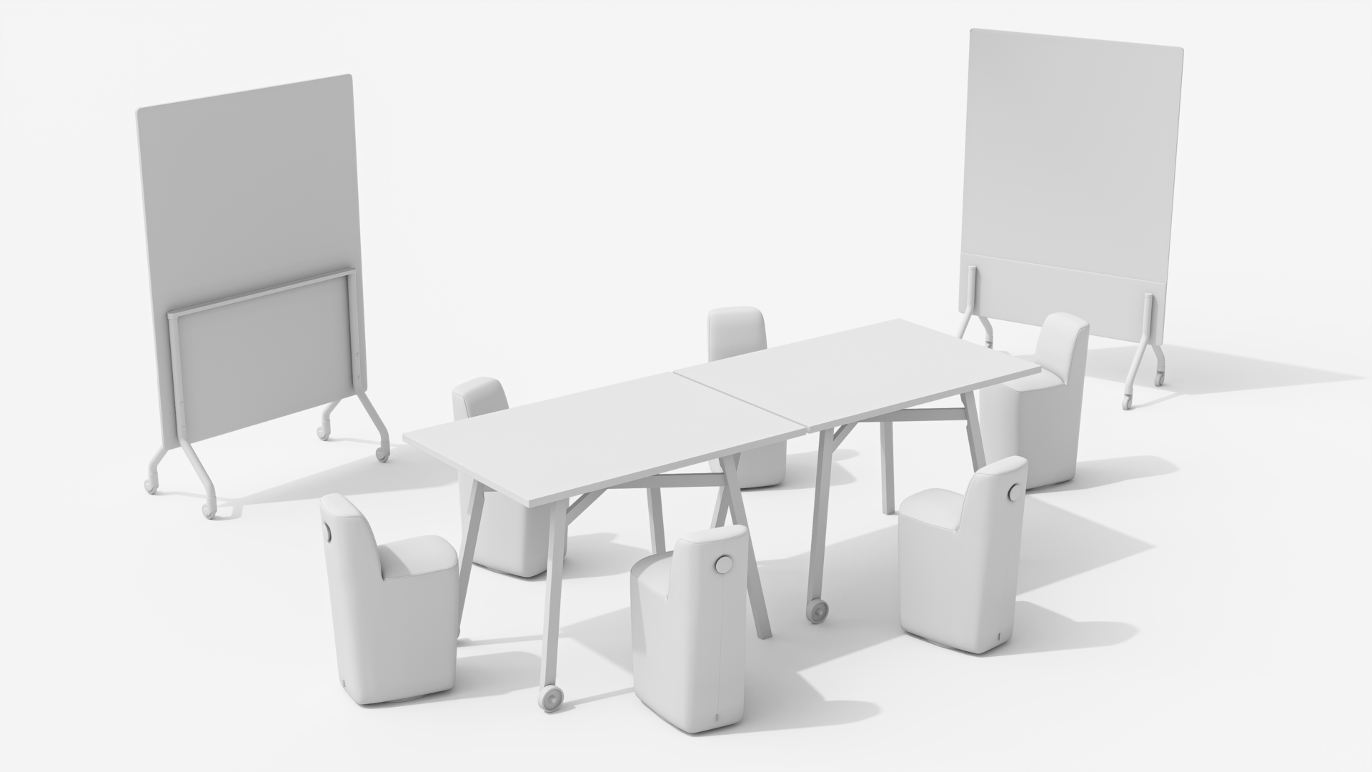 3D models of office furniture including table and ottoman seating with movable divider boards, showcasing flexible and detailed 3D modeling.