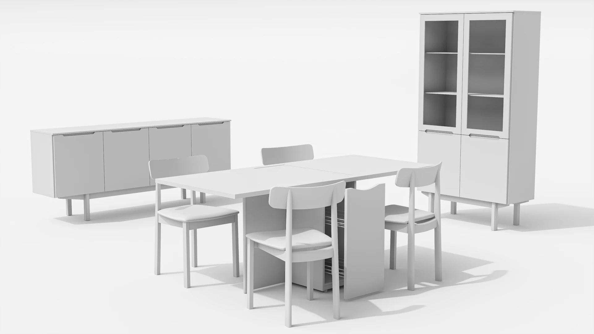 High-quality 3D models of office furniture, including table, chairs, cupboards, and glass-front cabinets, showcasing Nordic Render’s professional 3D modeling services.