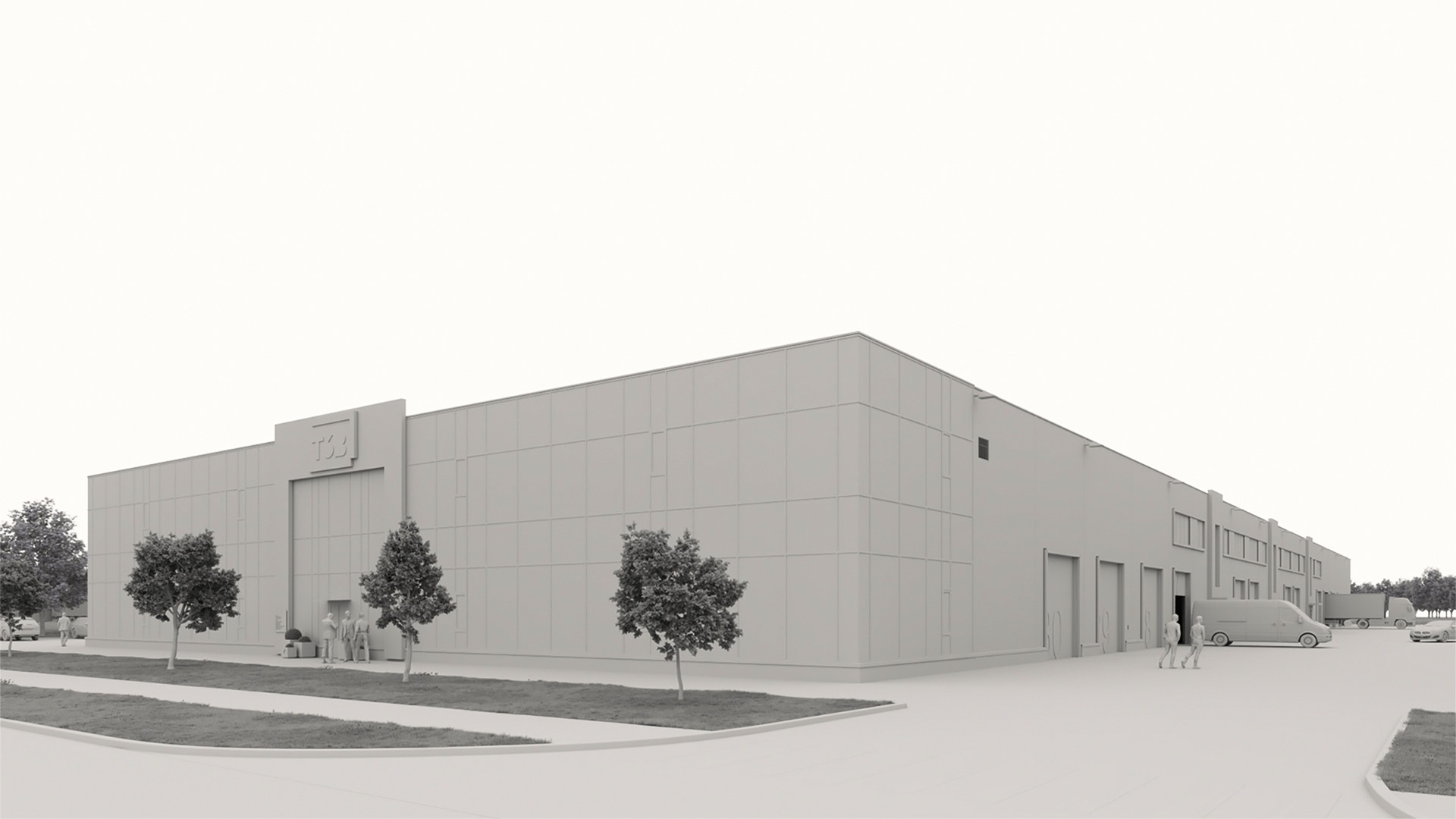 Detailed 3D model of a commercial shopping center including surrounding parking lot, vehicles, and people for realistic urban context.