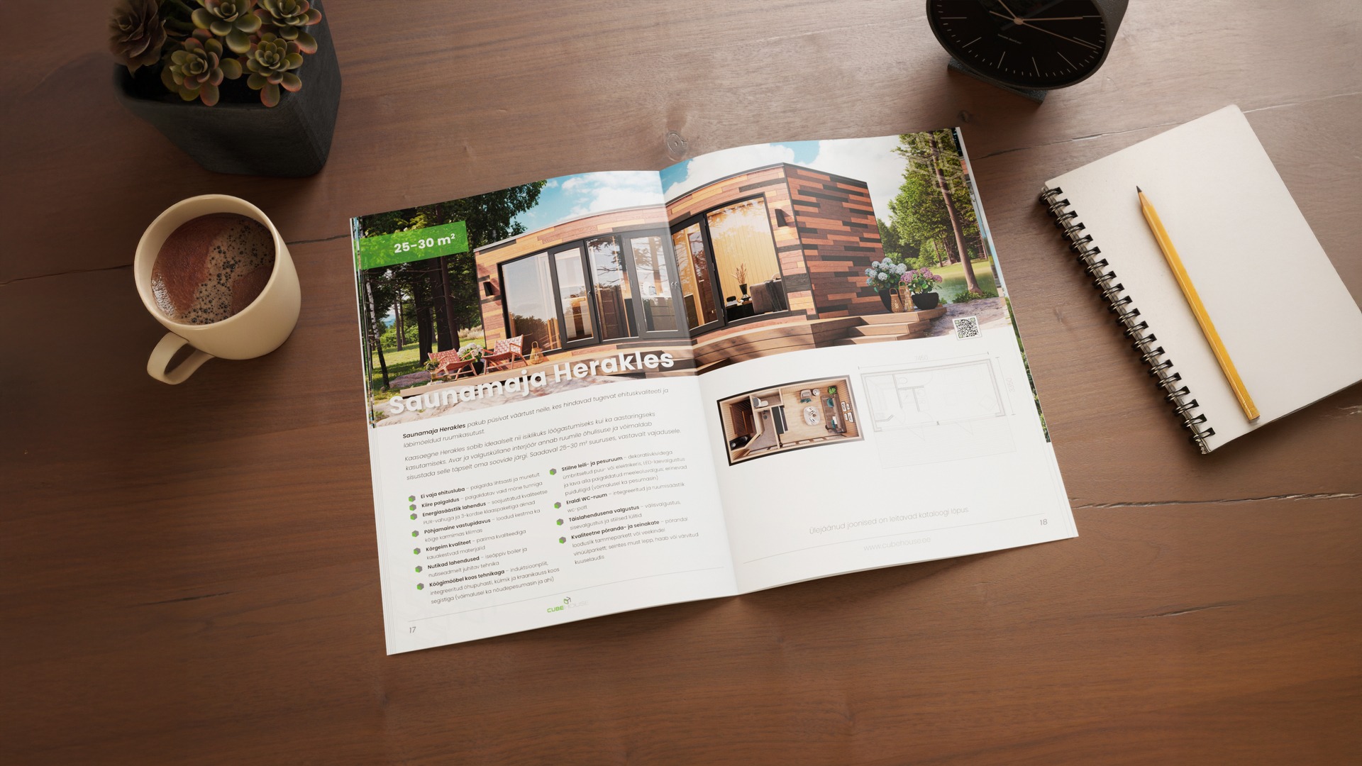 Exterior 3D visualization presented in an open catalogue layout with natural landscape background, showcasing Nordic Render’s graphic design services.