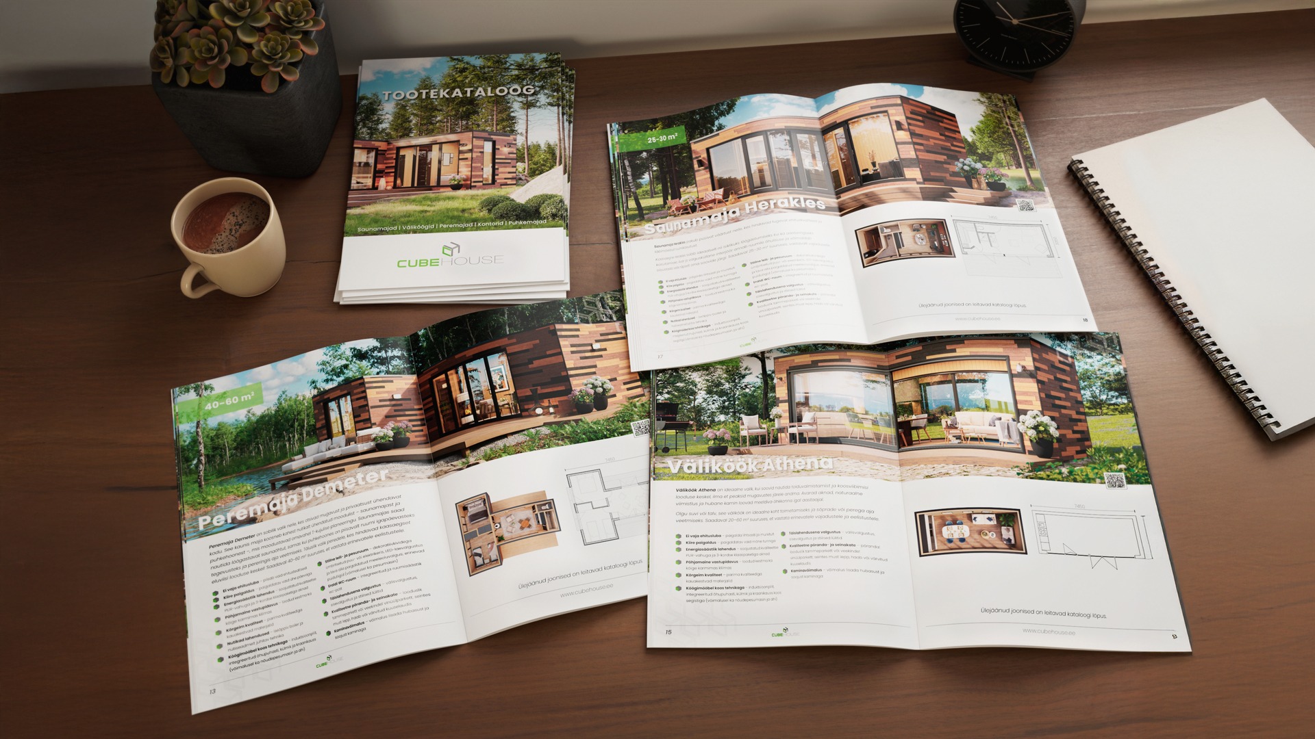 Several open catalogues displaying exterior 3D visualizations with natural backgrounds, showcasing Nordic Render’s graphic design services.