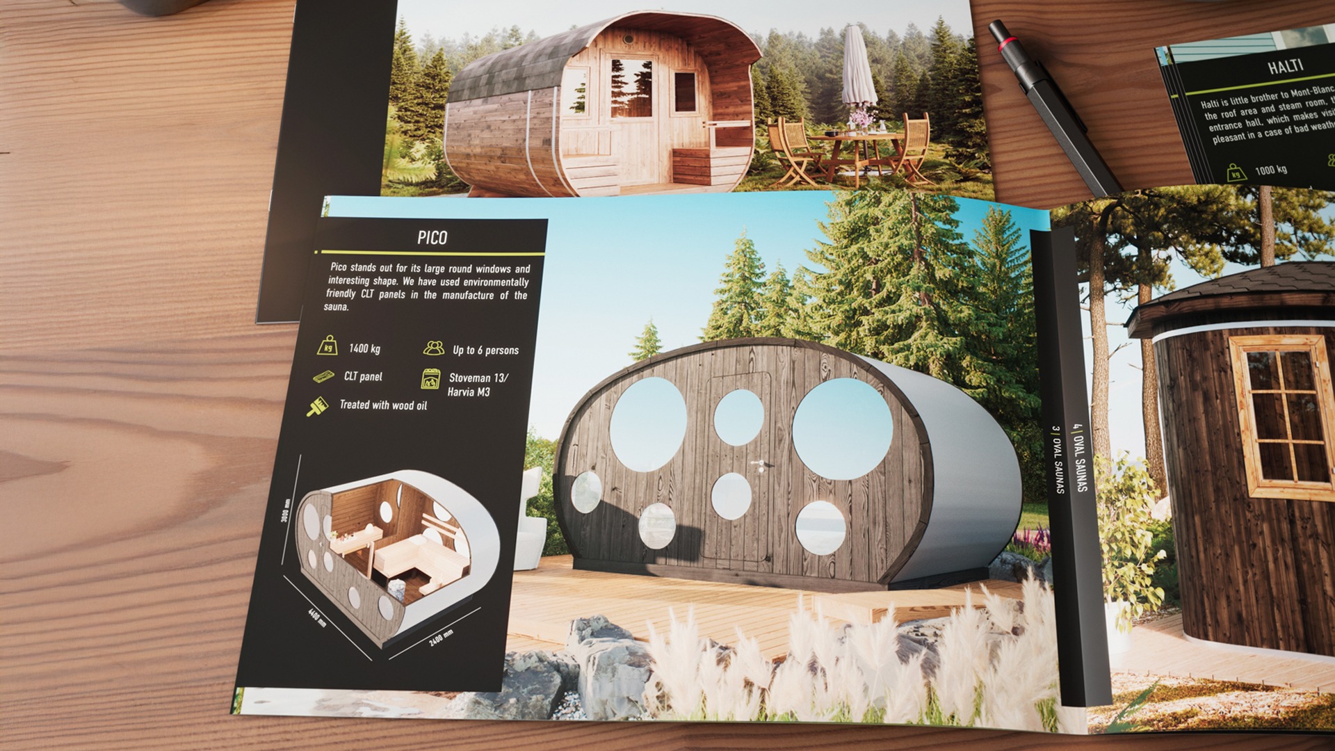 Professional graphic design example of a printed catalogue displaying sauna 3D renderings and product presentation.
