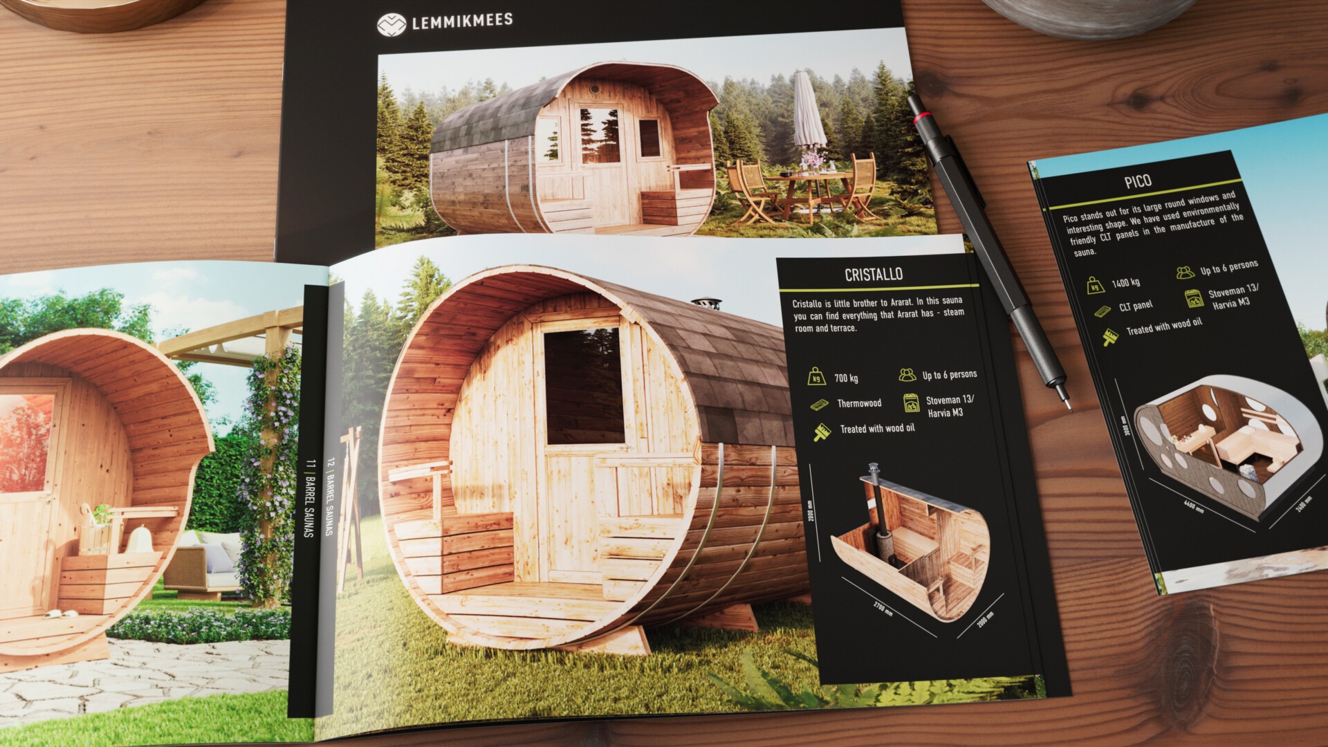 High-quality catalogue design featuring sauna visuals and clean layout, combining graphic design and 3D visualization.